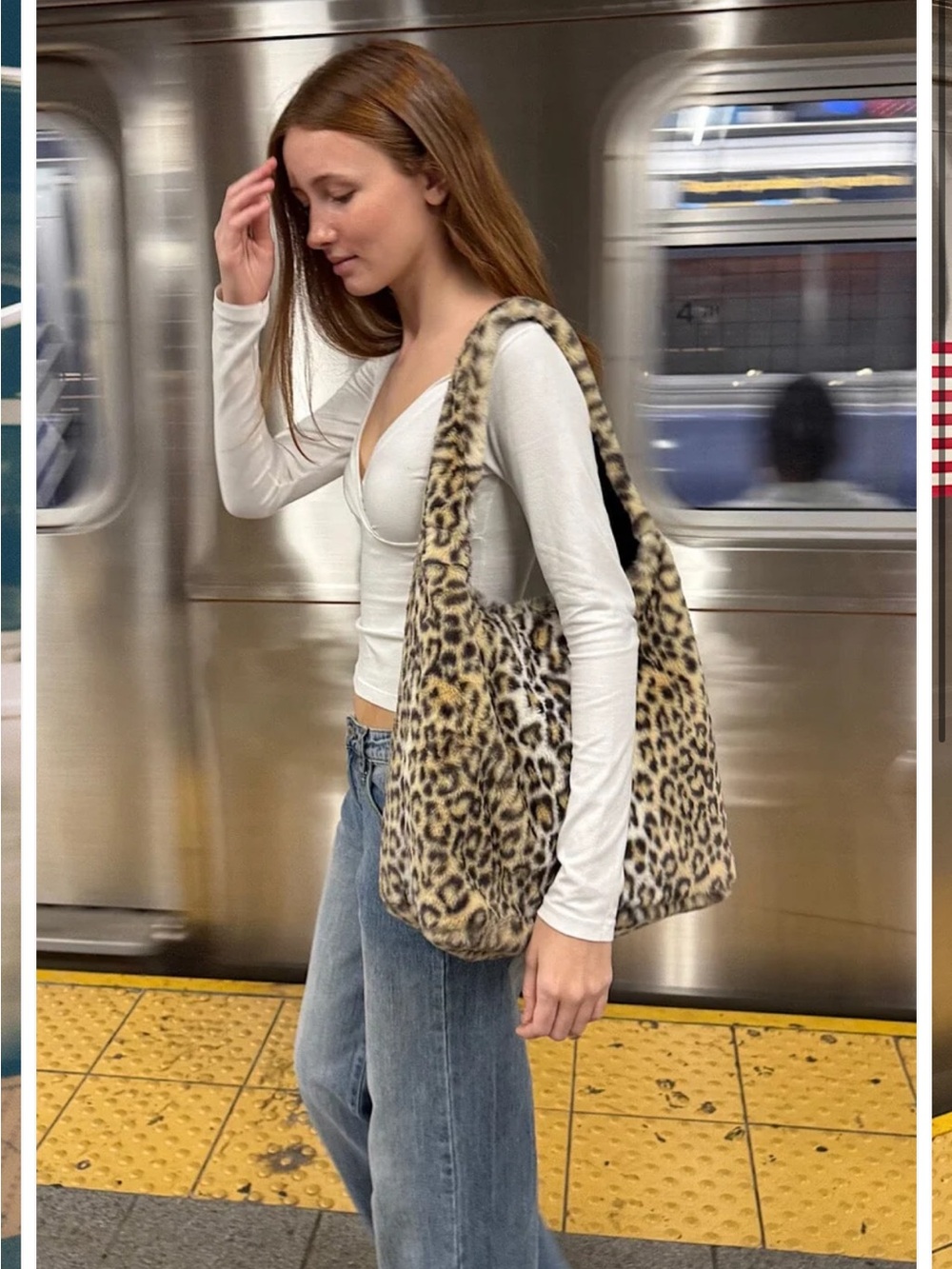 Brandy Melville Leopard Faux Fur Shoulder Bag - Beige/Black